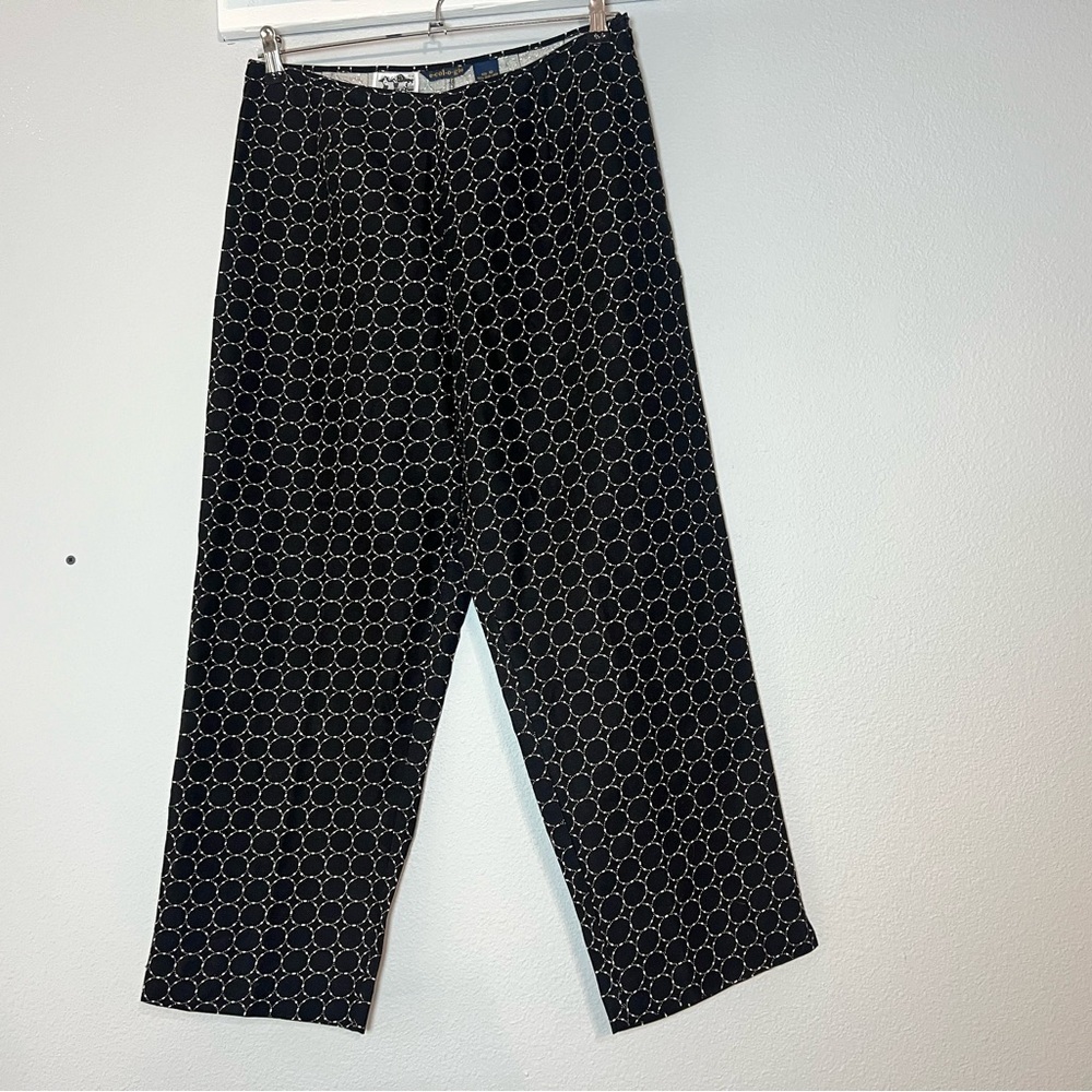 Ecologie Irish Linen Cropped Pants Black Circle Pattern Size 10 High Rise Womens